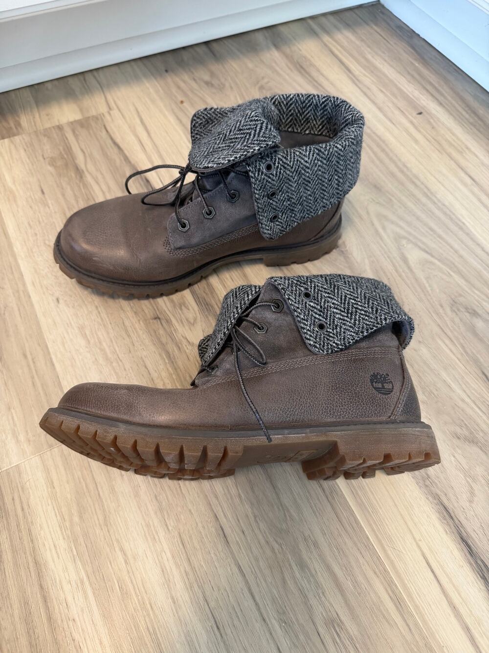 Timberland Harris Tweed Women's Fold Down Leather Boots Size 11 Brown Gray Teddy